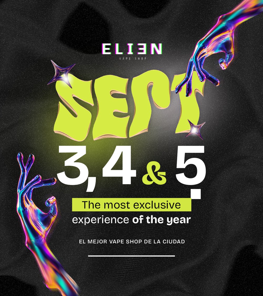 Arte del 9no aniversario Elien Party — Elien Vape Shop, septiembre 2026