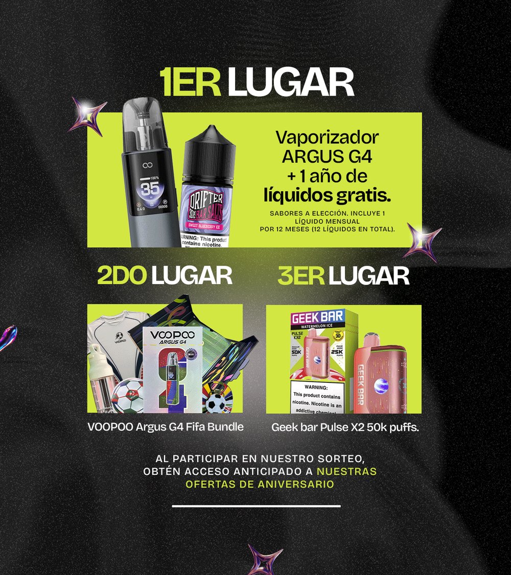 Premios del sorteo: 1er lugar Argus G4 más un año de líquidos, 2do lugar VOOPOO Argus G4 FIFA Bundle, 3er lugar Geek Bar Pulse X2